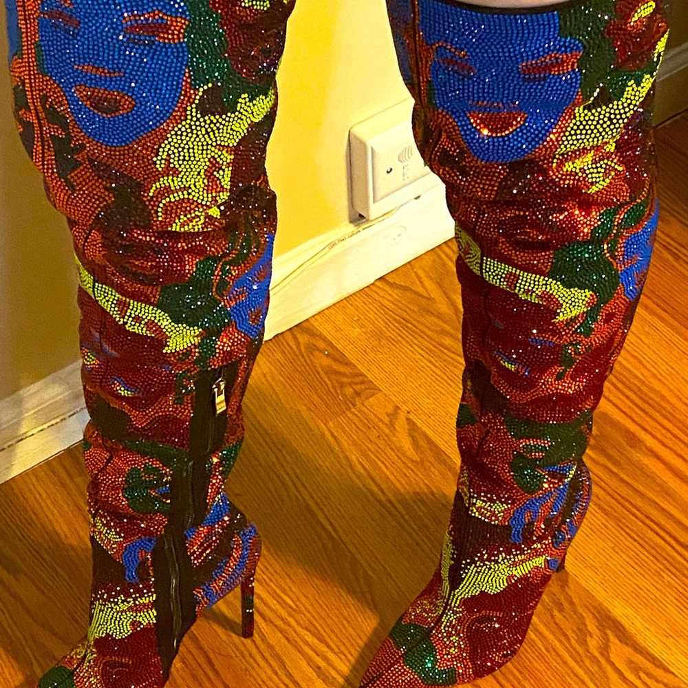Rhinestone multicolor thigh high boots size 8.5